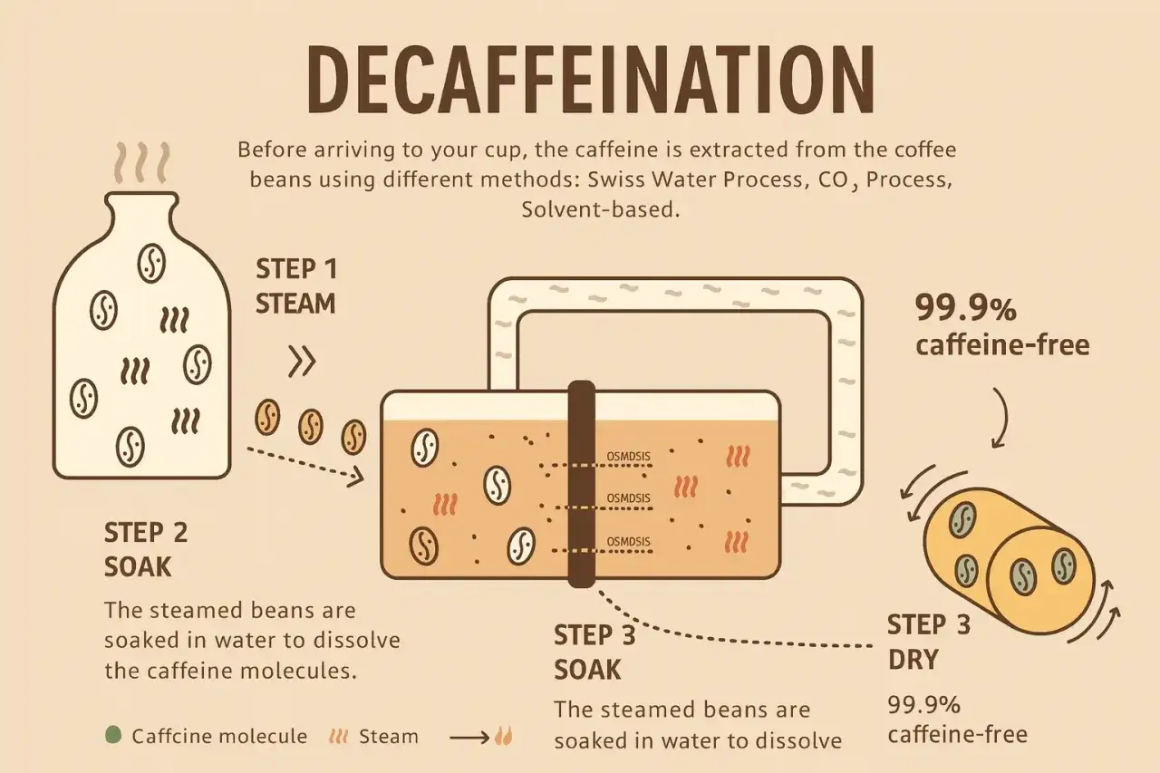 Grafik erklärt, was bedeutet entkoffeiniert: Kaffee wird gedämpft, eingeweicht und getrocknet, um 99,9% des Koffeins zu entfernen.