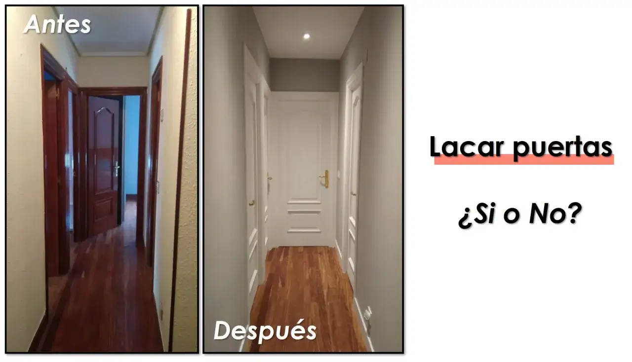 Antes y después de lacar puertas. Un pasillo con puertas oscuras se transforma en un espacio luminoso y moderno.