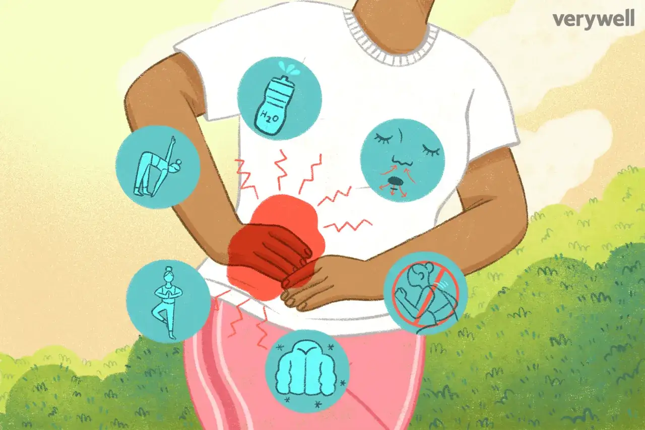 Ból brzucha podczas wysiłku, czyli czym jest kolka wysiłkowa. Ilustracja pokazuje osobę z bólem w brzuchu, z ikonami nawodnienia, ćwiczeń, oddychania i odpoczynku.