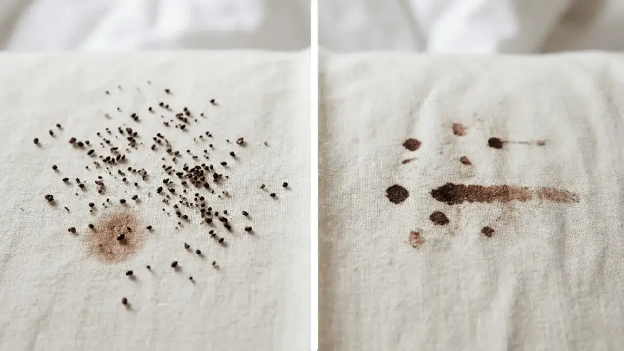 Left image shows dark specks, possibly flea dirt, on white fabric. Right image shows reddish-brown stains, another sign of fleas in bed.