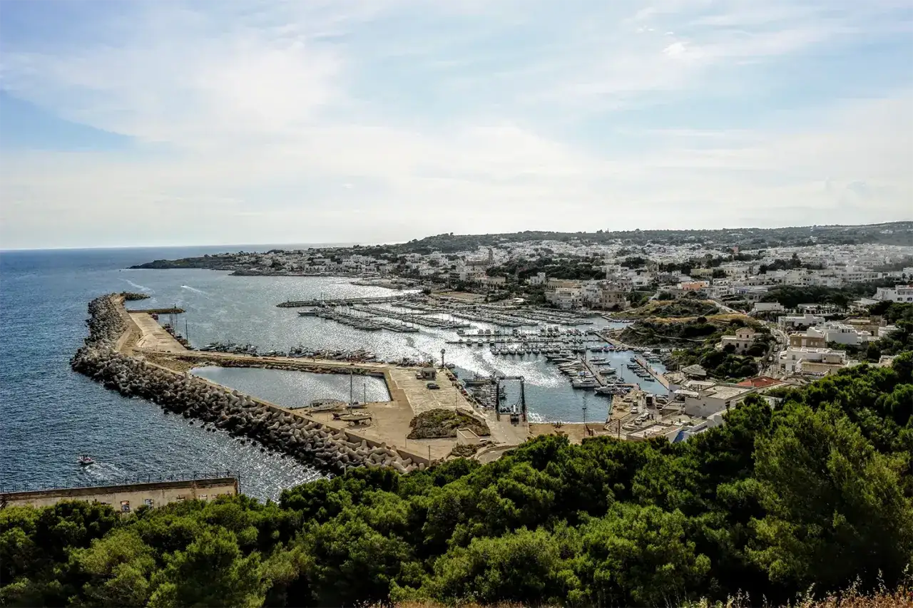 Vista panoramica di Santa Maria di Leuca con il porto turistico pieno di barche. Le spiagge sono vicine, incorniciate dal verde della macchia mediterranea.