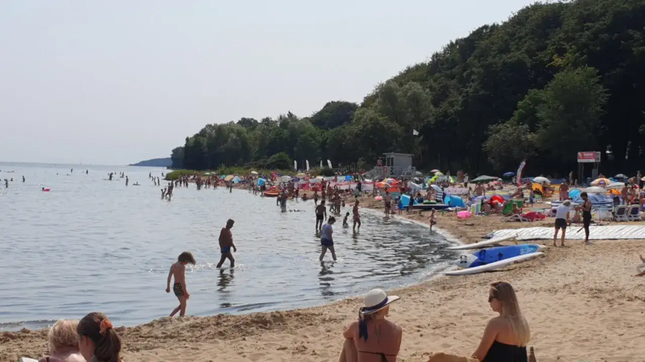 Tłoczna plaża w jednej z miejscowości koło Gdyni. Ludzie kąpią się, opalają i odpoczywają na piasku.