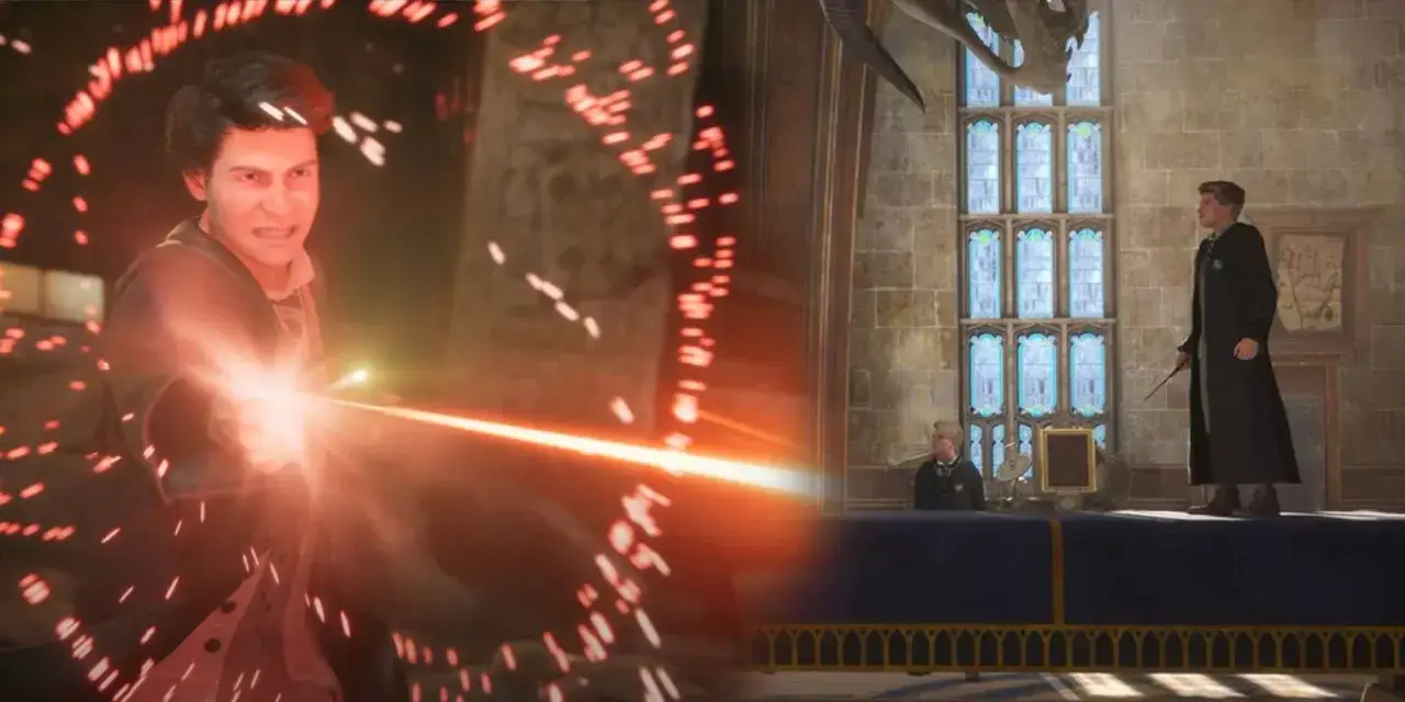 Sebastian z Hogwarts Legacy rzuca zaklęcie, otoczony czerwonymi iskrami. Obok, w sali lekcyjnej, stoi inny uczeń.