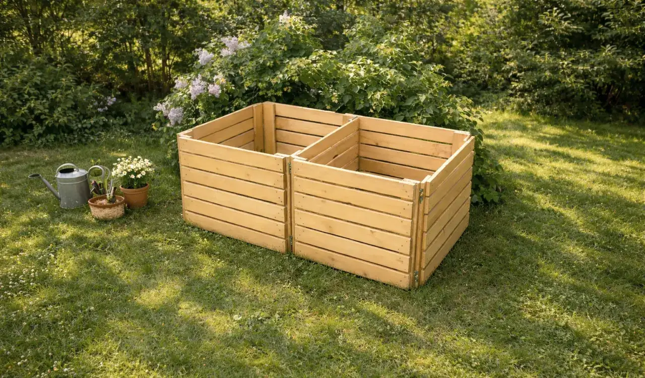 Tv&aring; sektioner av en nybyggd kompostbeh&aring;llare i tr&auml; st&aring;r p&aring; en gr&auml;smatta. Bredvid st&aring;r en vattenkanna och krukor med blommor, redo att b&ouml;rja bygga kompost.