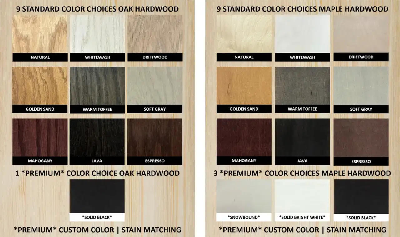 Campioni di vernice per legno: 9 colori per quercia e 9 per acero, più opzioni premium. Quale vernice usare per il legno?