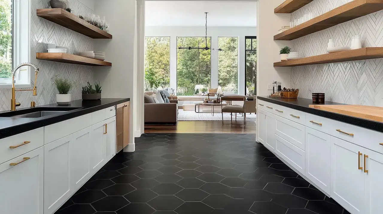Sol moderne avec carrelage hexagonal noir contrastant avec le parquet chaleureux du salon. Cuisine épurée avec étagères en bois.