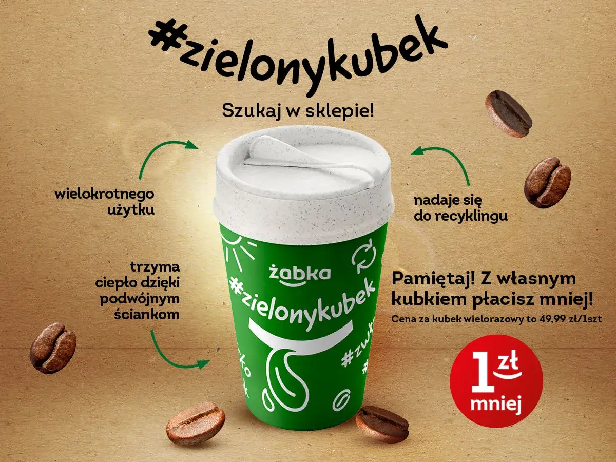 Z własnym kubkiem #zielonykubek z Żabki płacisz mniej za kawę! Kubek wielorazowy kosztuje 49,99 zł.