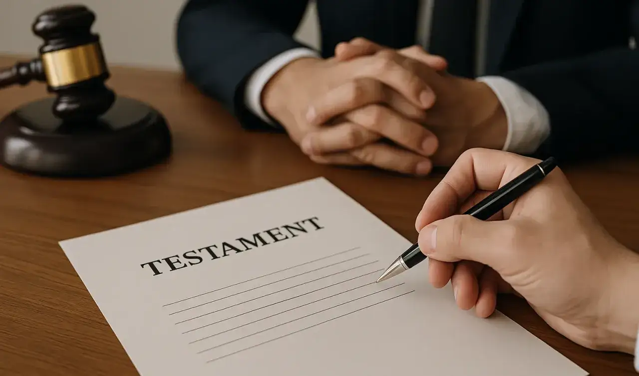 Dłoń pisze testament, obok młotek sędziowski. Wz&oacute;r testamentu z wydziedziczeniem.