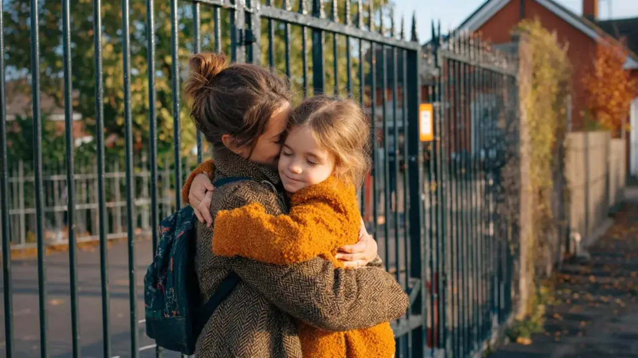 Madre abraza a su hija de 6 a&ntilde;os, mostrando un fuerte apego. La ni&ntilde;a se acurruca, disfrutando del momento.
