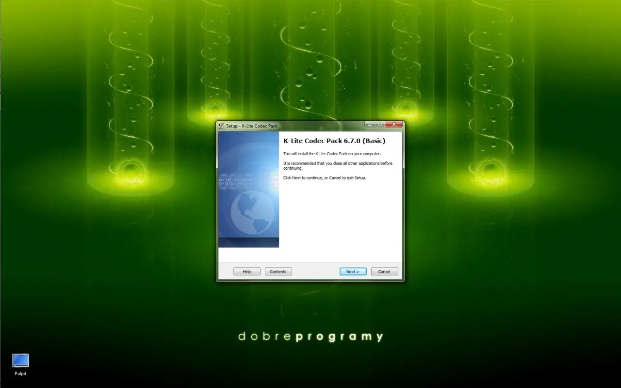 Instalator K-Lite Codec Pack 6.7.0 (Basic) na zielonym tle z motywem bąbelków.
