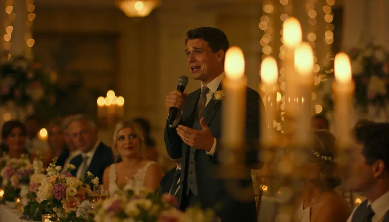 Mann hält Mikrofon, hält Rede bei Hochzeit. Gäste lauschen, Kerzenlicht. Schöne zitate hochzeitsrede.
