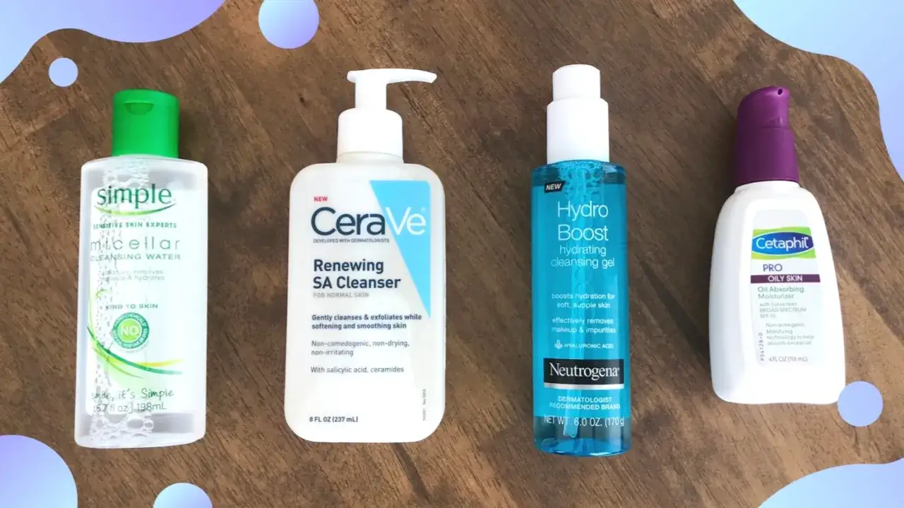 Rutina para **como quitar la grasa de la cara**: agua micelar Simple, limpiador CeraVe, gel limpiador Neutrogena Hydro Boost y crema Cetaphil Oily Skin.