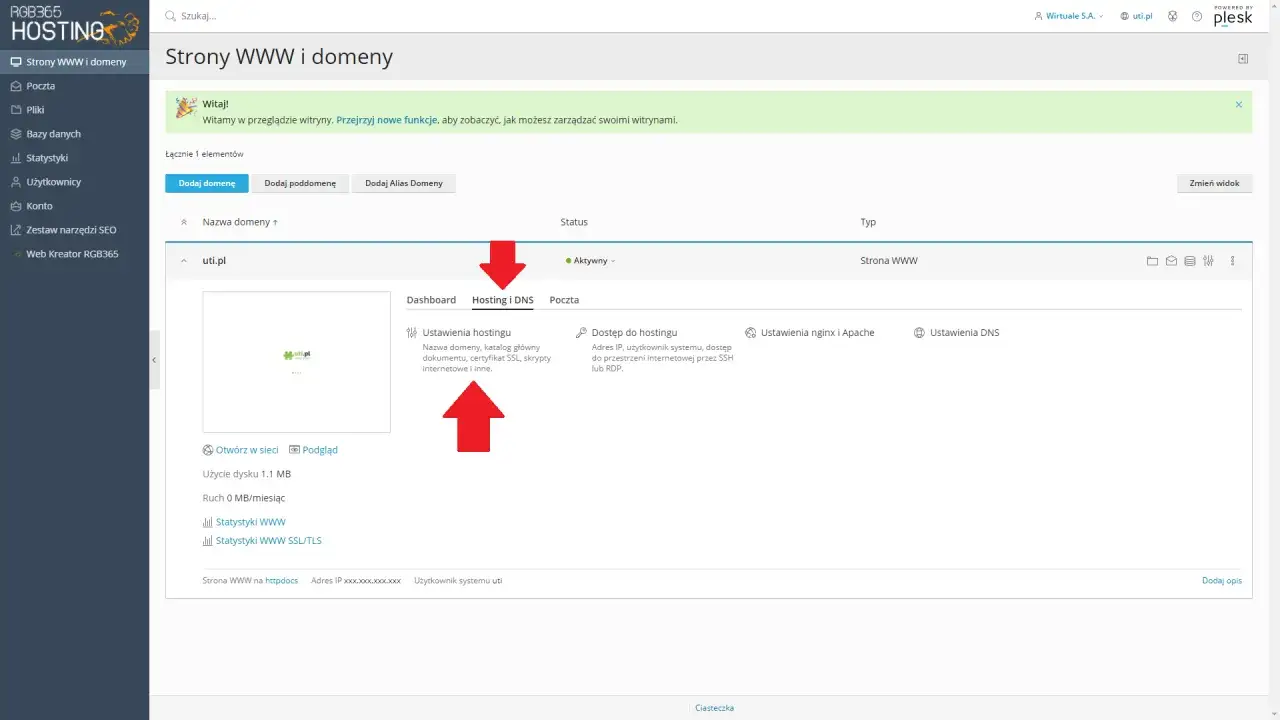 Panel hostingu z opcją instalacji certyfikatu SSL dla domeny uti.pl. Widoczne ustawienia hostingu i dostęp do serwera.