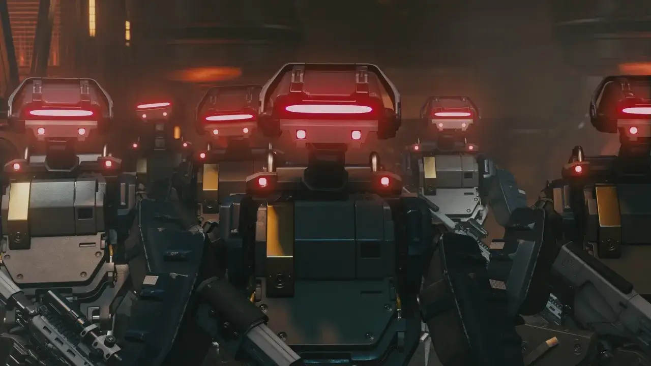 Rząd robotów z czerwonymi światłami, gotowych do walki w nowym starfield dlc.