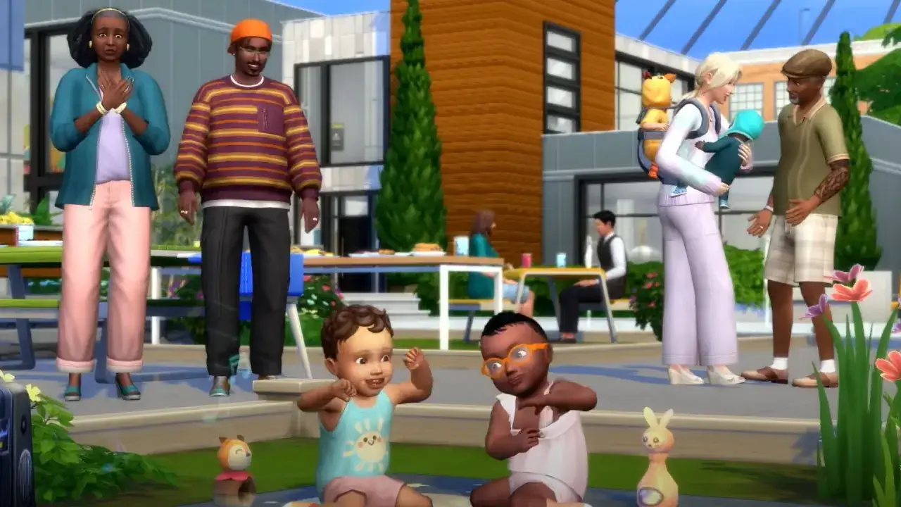 Rodzina Simsów cieszy się dniem na zewnątrz. Dzieci bawią się na trawie, a dorośli rozmawiają. Idealna okazja, by wykorzystać **sims 4 cheats** i stworzyć idealne życie!