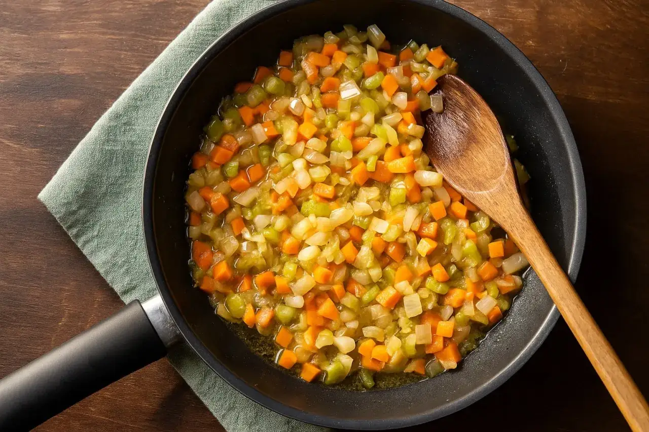 W&uuml;rziges Soffritto-Rezept: Karotten, Sellerie und Zwiebeln werden in einer Pfanne ged&uuml;nstet, bereit f&uuml;r Ihr n&auml;chstes Gericht.