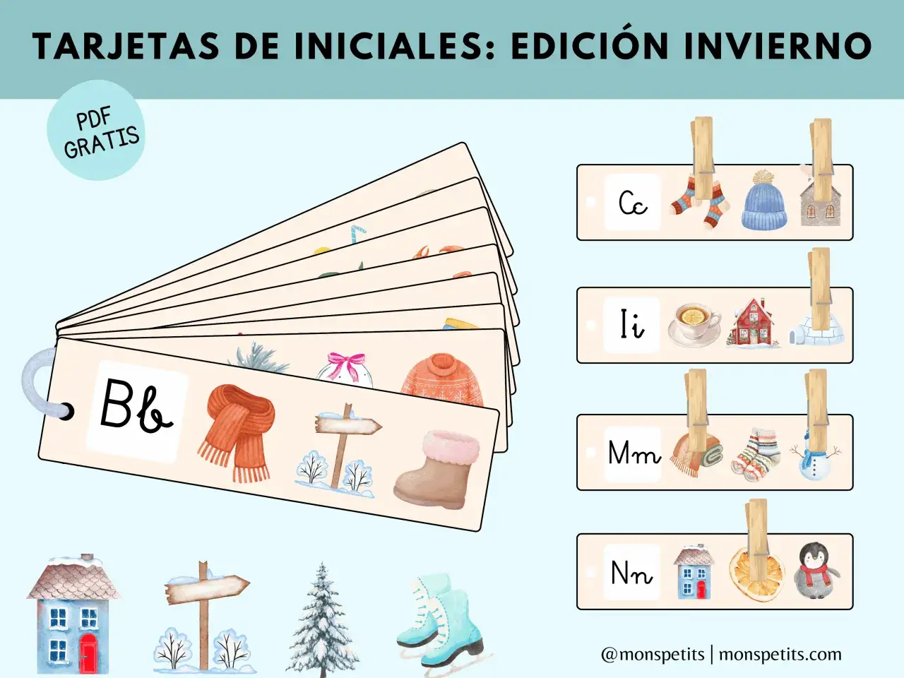 Tarjetas de iniciales con temática de invierno. Letras y dibujos de la estación, como bufandas, gorros y casas nevadas. ¡Perfectas para aprender el abecedario en invierno!