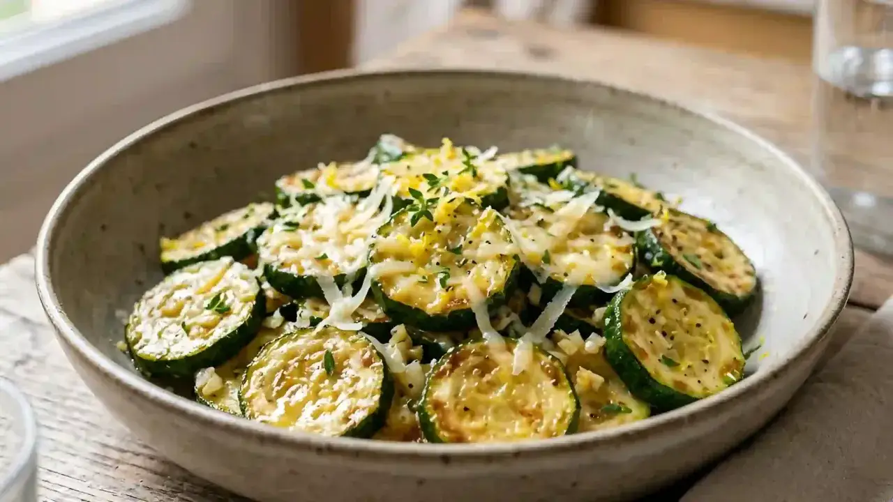 Délicieuses courgettes au four, tranchées et garnies de fromage râpé et d'herbes fraîches, servies dans un bol rustique.