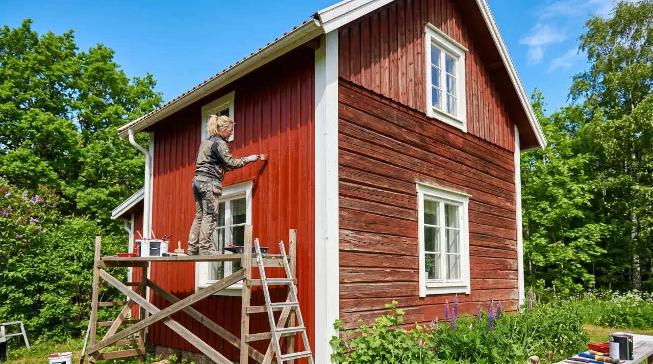 En kvinna m&aring;lar ett r&ouml;tt tr&auml;hus i solsken. Hon st&aring;r p&aring; en byggnadsst&auml;llning och arbetar med pensel.