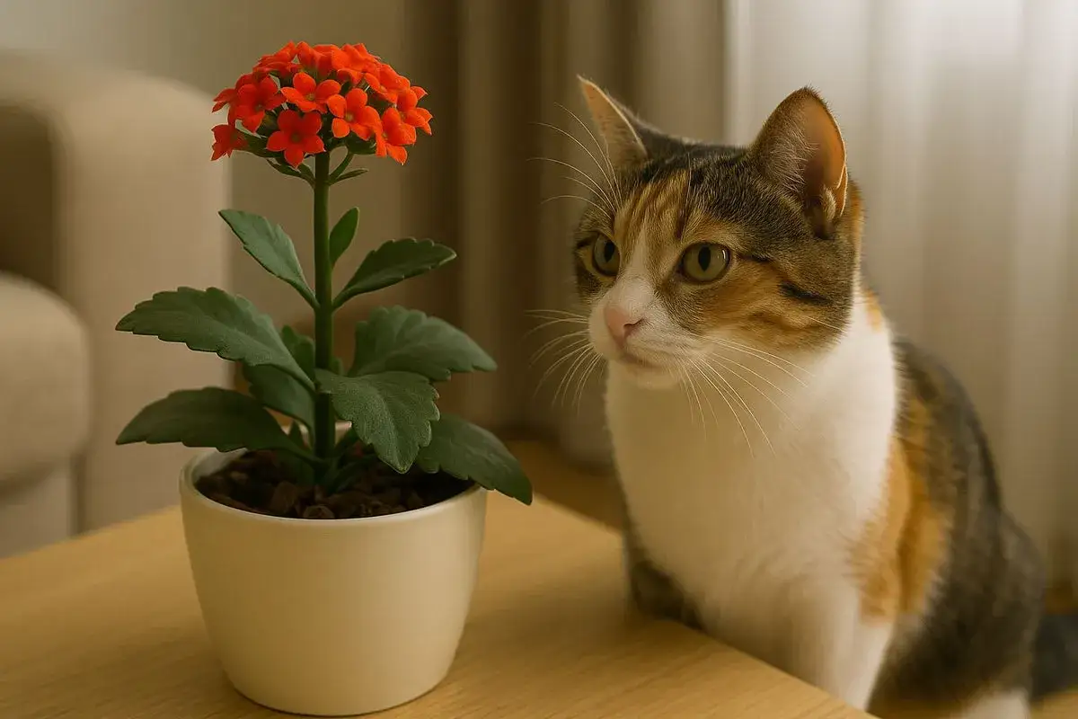 Eine Katze schaut neugierig auf eine orange blühende Kalanchoe, die giftig ist.