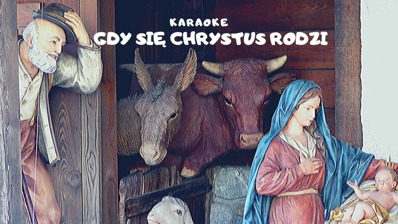 Drewniana szopka z Maryją, J&oacute;zefem i zwierzętami. Karaoke 