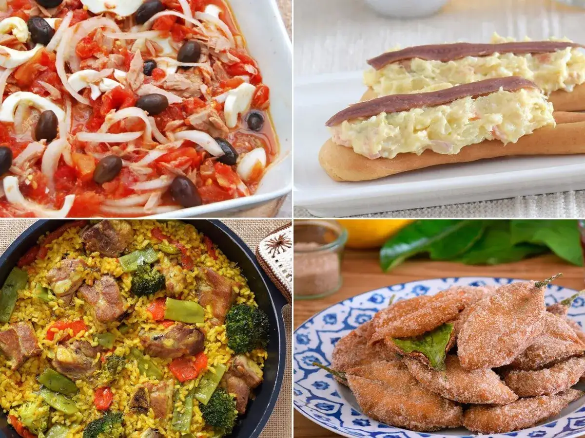 Cuatro platos de comida típica de Murcia: ensalada murciana, montaditos, arroz y pimientos fritos.