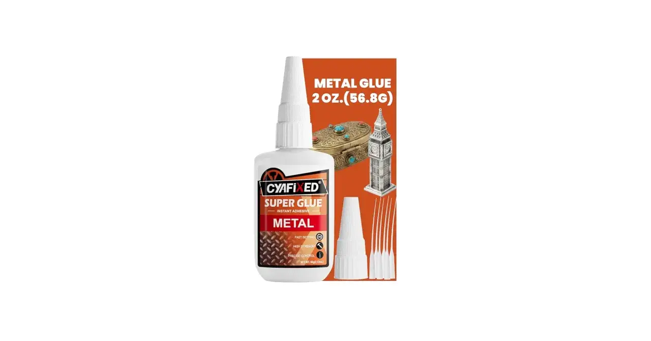 Butelka cyjanoakrylowego kleju do metalu, z obrazkami ozdobnej szkatułki i wieży zegarowej.