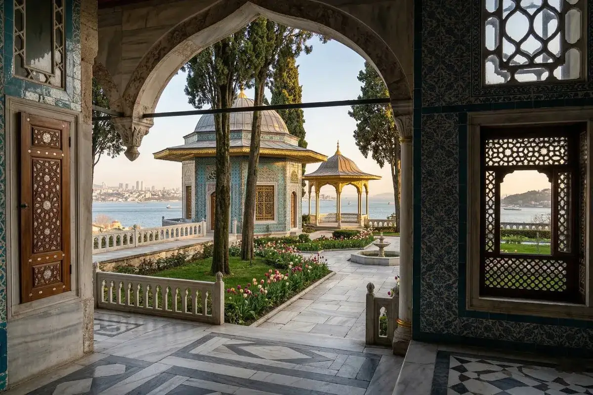 View from an archway in Topkapi Palace, overlooking a garden with tulips, a fountain, and the Bosphorus strait with Istanbul skyline.