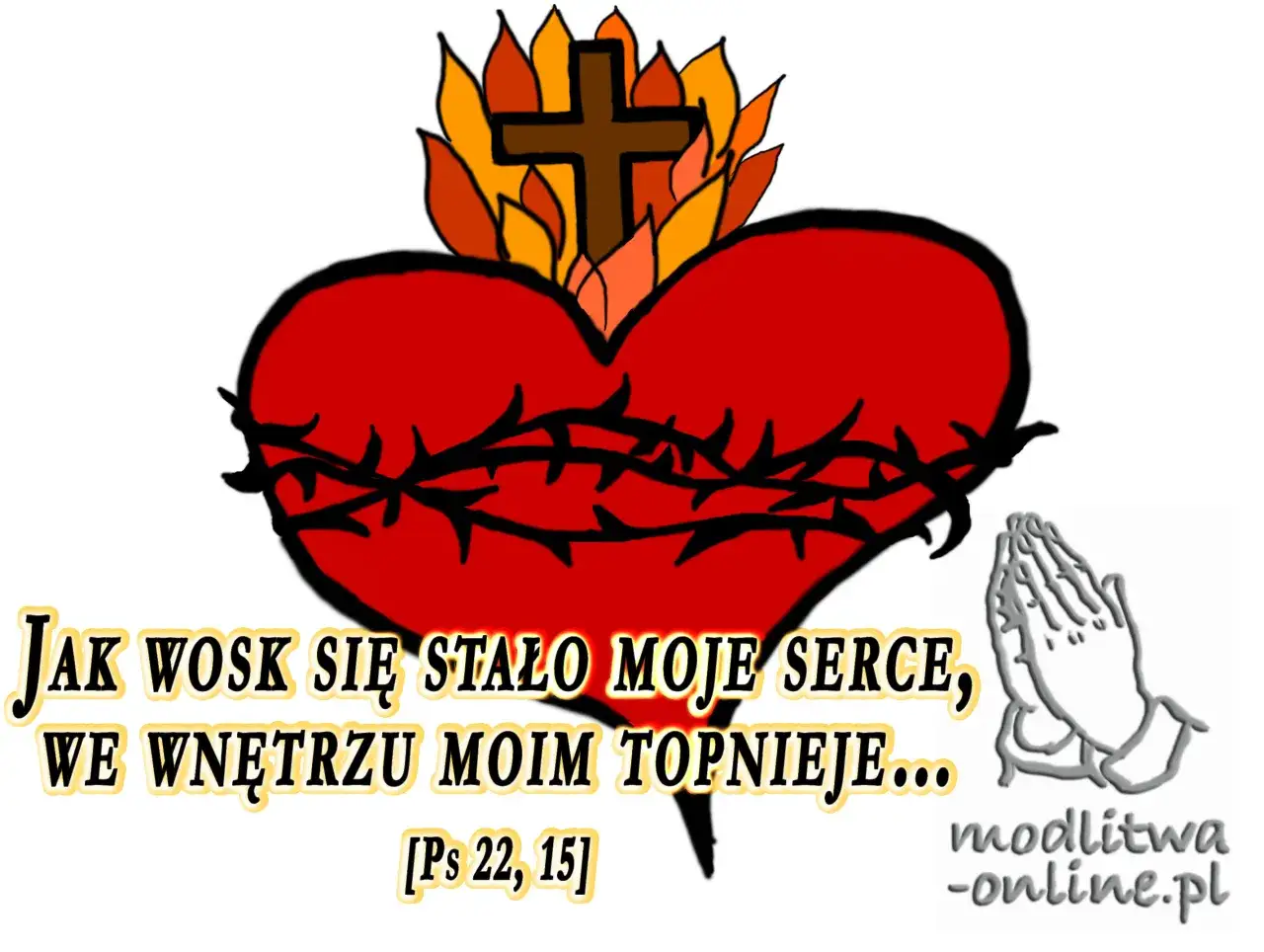 Płonące serce z koroną cierniową i krzyżem, symbolizujące cierpienie. Tekst: