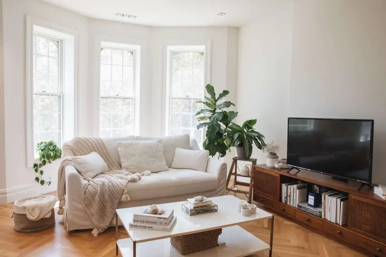 Gemütliche wohnzimmer anordnung mit weißem Sofa, Korb, Pflanzen und TV-Möbel.