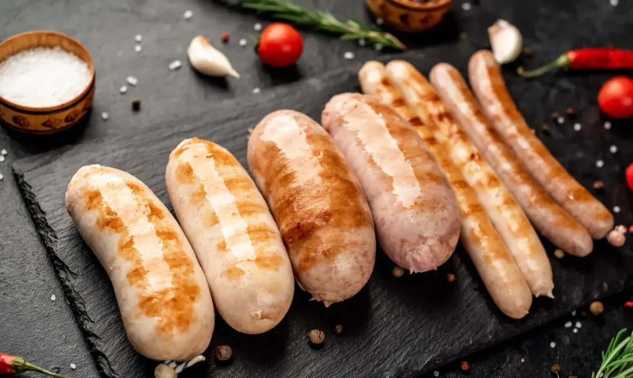 Grillowane kiełbaski, idealne do marynaty do kiełbasy na grilla. Obok sól, czosnek, pomidorki i chili.