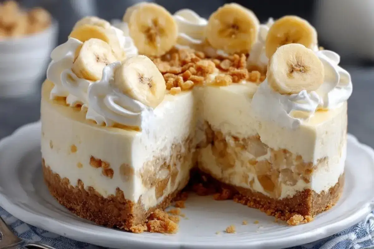 Cheesecake à la banane, une recette gourmande avec une croûte biscuitée, une crème onctueuse et des morceaux de banane. Décoré de chantilly et de rondelles de banane.