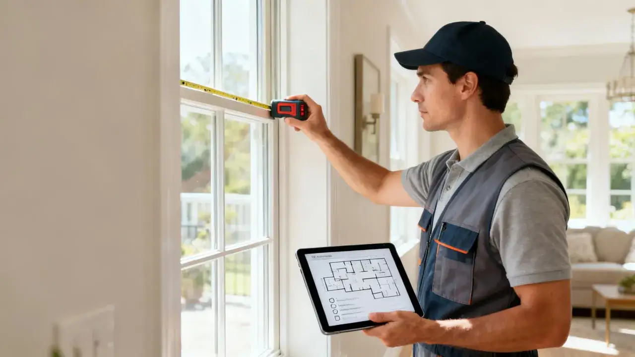 Técnico mide ventana para certificado energético vivienda, consultando plano en tablet.