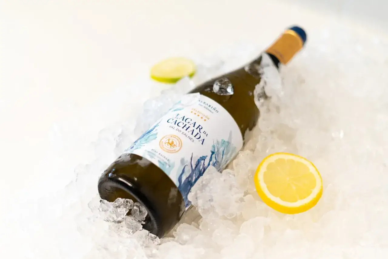 Botella de Albari&ntilde;o Lagar da Cachada sobre hielo, con rodajas de lim&oacute;n y lima. Un ejemplo de los mejores albari&ntilde;os para refrescar.