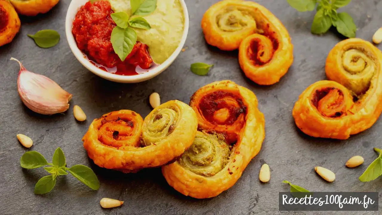 Palmiers feuilletés pour l'apéro, garniture pesto et tomate. Une idée gourmande pour vos invités.