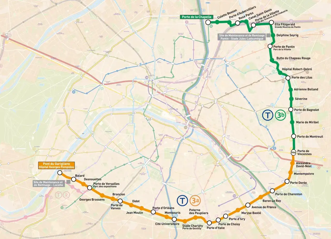 Mapa komunikacji miejskiej w Paryżu z zaznaczonymi liniami metra i tramwajowymi.