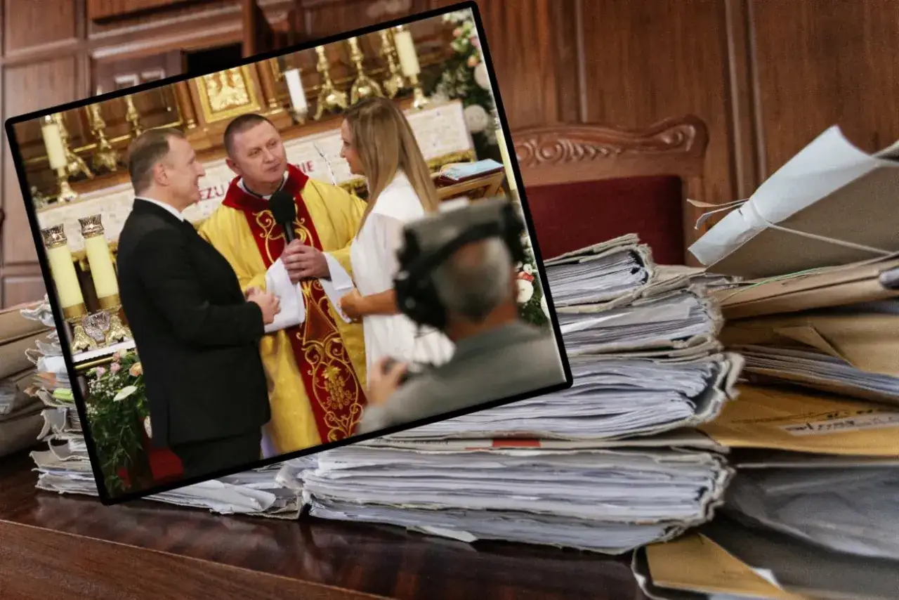 Kiedy można dostać rozwód kościelny? Para przed ołtarzem, ksiądz i sterty akt.