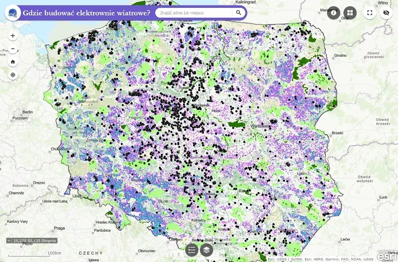 Mapa Polski z lokalizacją głównych elektrowni węglowych, wiatrowych i planowanych jądrowych