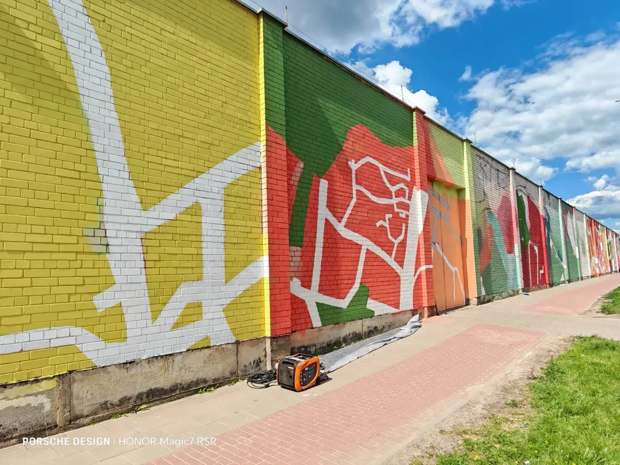 Kolorowy mural na ceglanej ścianie, tworzący nietypowe atrakcje w Wilnie. Jasne barwy i abstrakcyjne kształty na tle błękitnego nieba.
