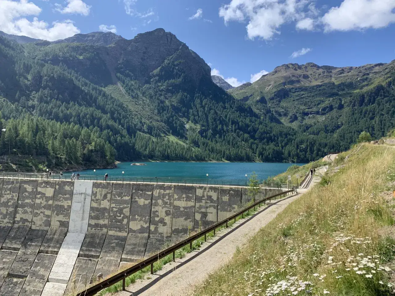 Sentiero panoramico lungo la diga del **lago di Pian Pal&ugrave;**, con montagne boscose sullo sfondo e cielo azzurro.
