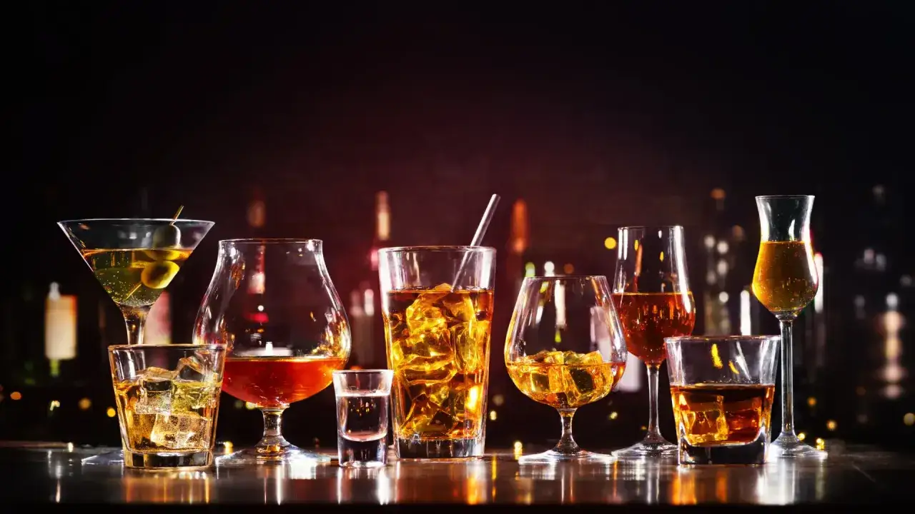 Verschiedene Gl&auml;ser mit goldenen Fl&uuml;ssigkeiten, darunter auch Whisky. Ein Schluck davon kann, in Ma&szlig;en genossen, sogar gesund sein.