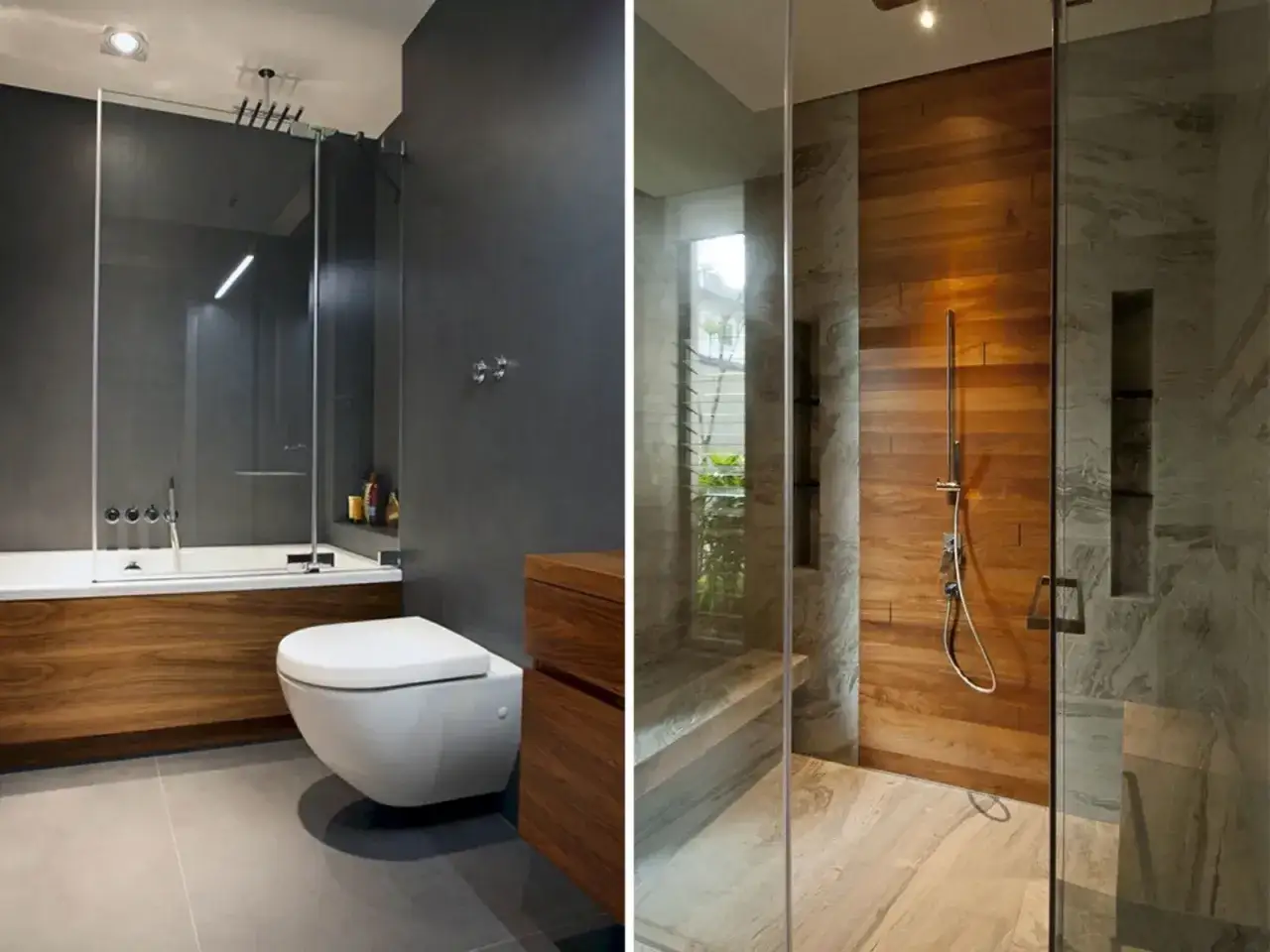 Bagno moderno grigio e legno: vasca, WC sospeso e doccia con pannelli in legno caldo e marmo.