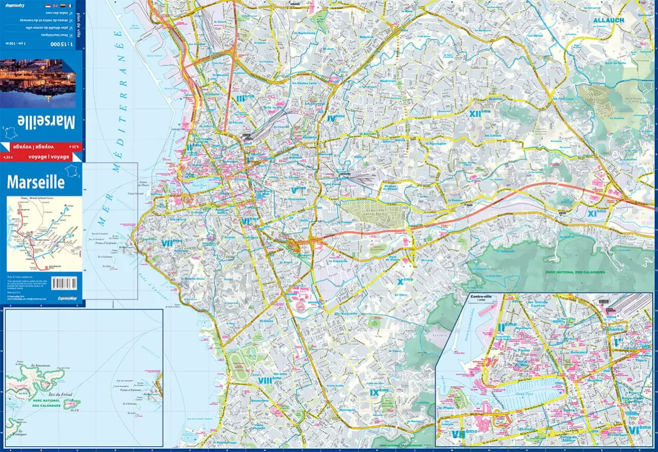 Mapa miasta Marsylia (Marseille) z zaznaczonymi dzielnicami, drogami i parkiem narodowym.