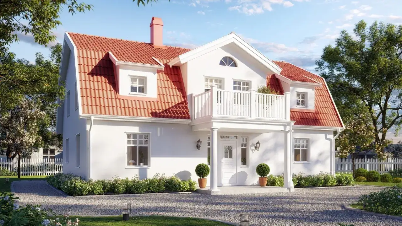 Vitt hus med r&ouml;tt, brutet tak, balkong och tr&auml;dg&aring;rd.