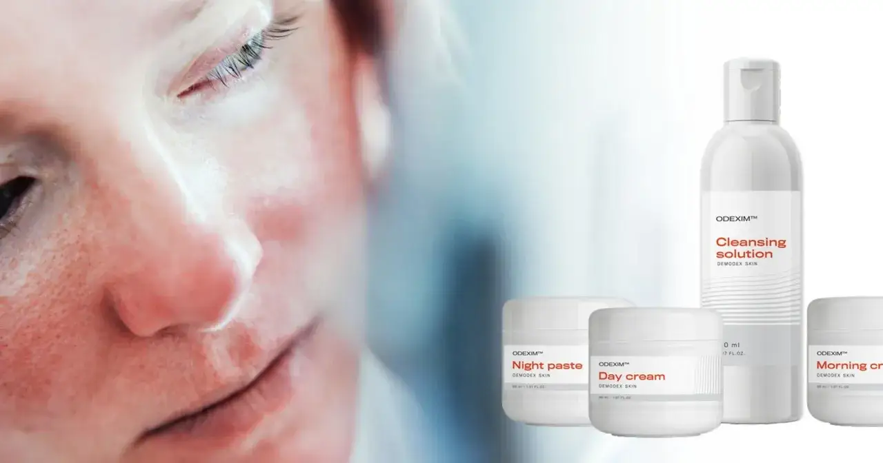 Delikatna skóra z zaczerwienieniem, obok produkty ODEXIM™: cleansing solution, night paste, day cream, morning cream. Skuteczny krem na nużeńca.