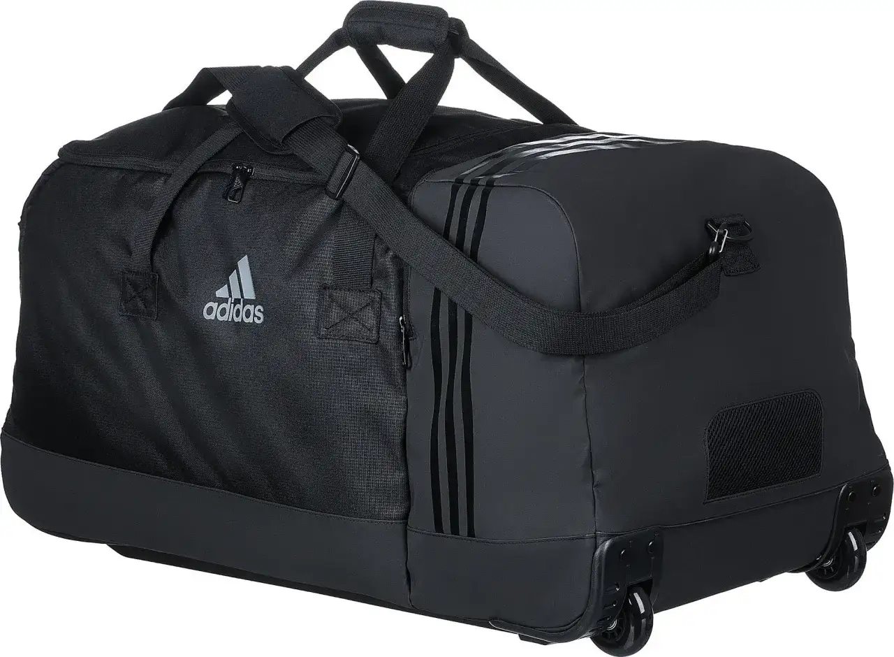 Czarna torba sportowa Adidas 100l z k&oacute;łkami, idealna na długie podr&oacute;że i treningi.