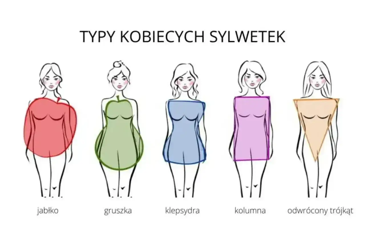 Ilustracja pokazuje pięć typ&oacute;w kobiecych sylwetek: jabłko, gruszka, klepsydra, kolumna i odwr&oacute;cony tr&oacute;jkąt, prezentując r&oacute;żne wymiary kobiecej sylwetki.