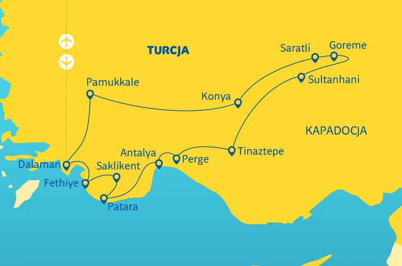 Mapa turystyczna z trasą po Turcji, pokazująca lotniska w Dalamanie i Kapadocji, oraz miejsca takie jak Pamukkale, Konya, Antalya i Goreme.