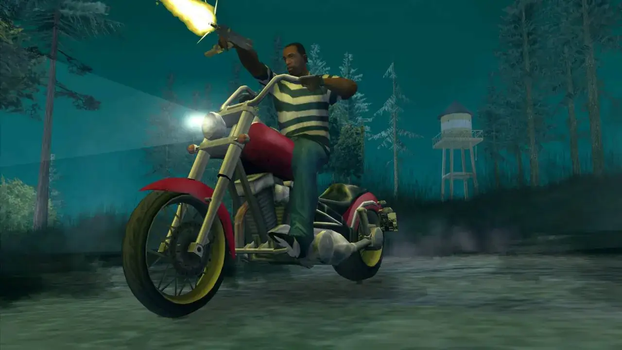 CJ na motocyklu strzela w nocnym lesie. To jakbyś grał w gta sa vr!