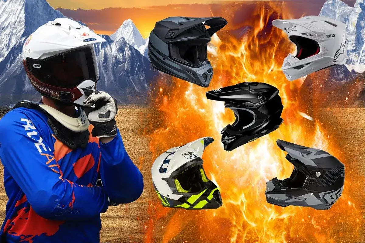 Cascos de motocross con visera pronunciada y mentonera reforzada, diseñados para proteger en terrenos extremos. ¿Por qué los cascos de motocross tienen esa forma? Por la seguridad y aerodinámica.